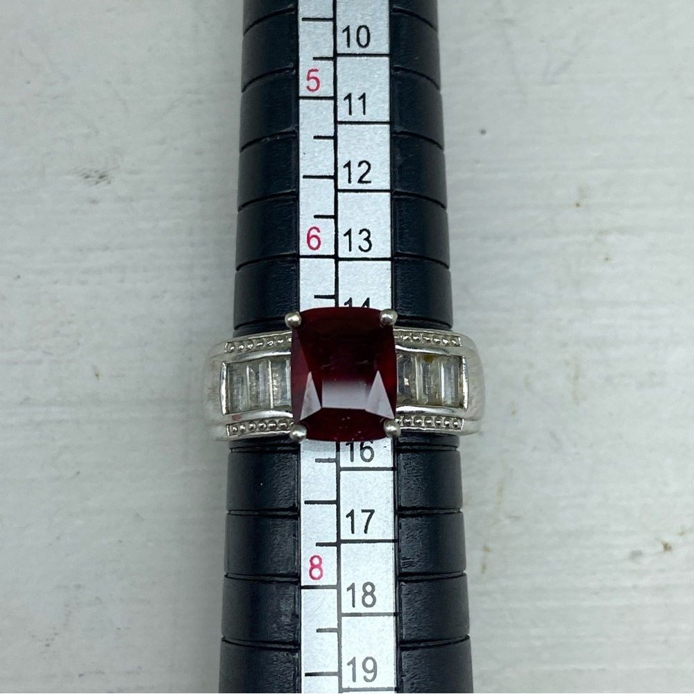 Sterling Silver Red Topaz Ring With White Topaz Accents All Square Cut Size 7